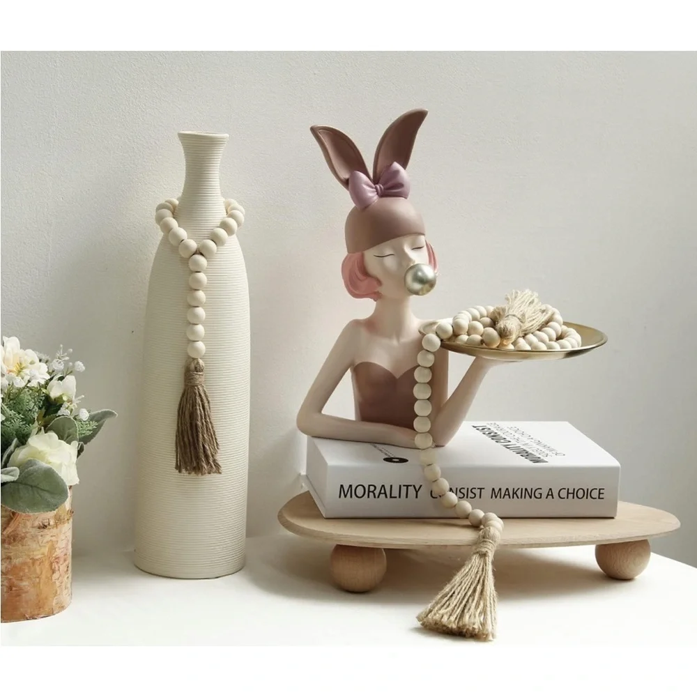 Rustic Boho Farmhouse Cream Wood Beads Tie Tassel Garland Home Table DiningDecor